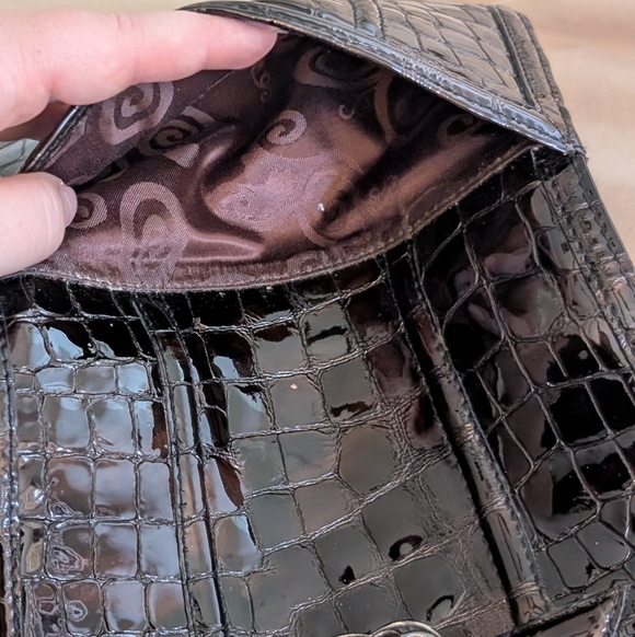 Brighton Shiny Crocodile-Embossed Brown Crossbody Bag - Picture 12 of 13